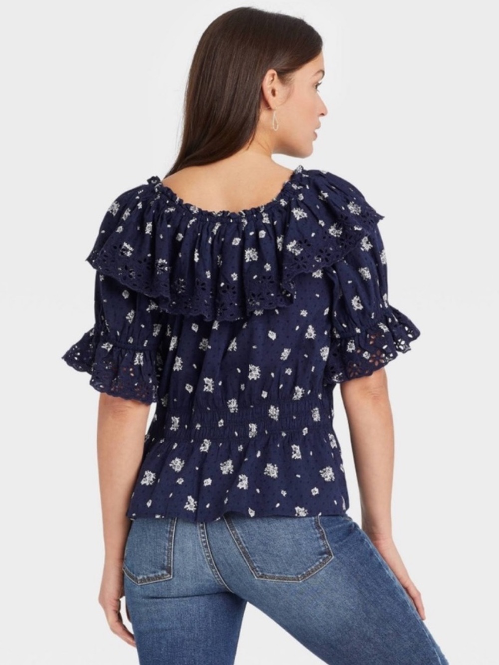 Universal Thread Navy Floral Ruffle Peasant Top